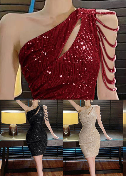 Red Asymmetrical Zippered Sleeveless Wine Dress Mini FashionChic