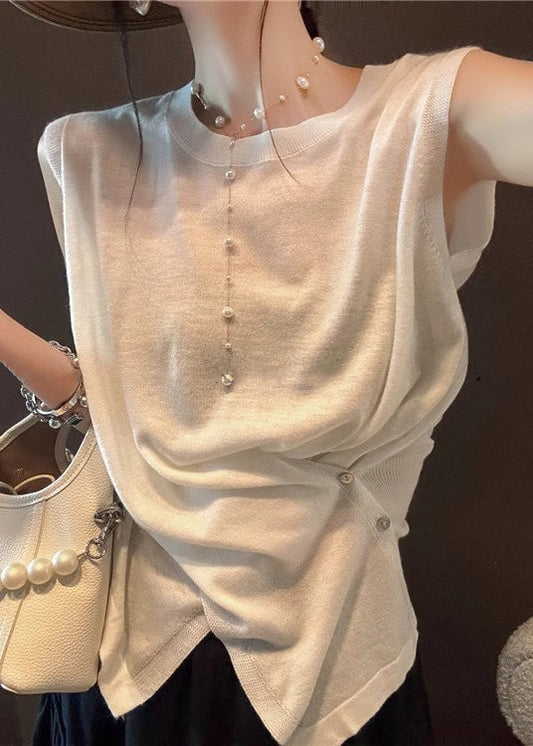 Asymmetrical Button Knit Open Side Sleeveless Tanks Apricot Women FashionChic