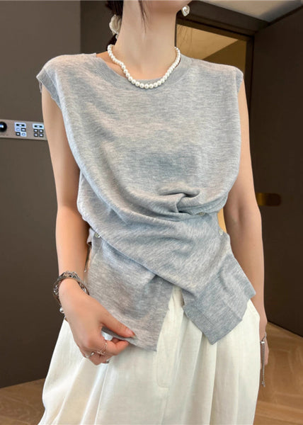 Asymmetrical Button Knit Open Side Sleeveless Tanks Apricot Women FashionChic