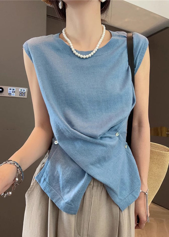 Asymmetrical Button Knit Open Side Sleeveless Tanks Apricot Women FashionChic
