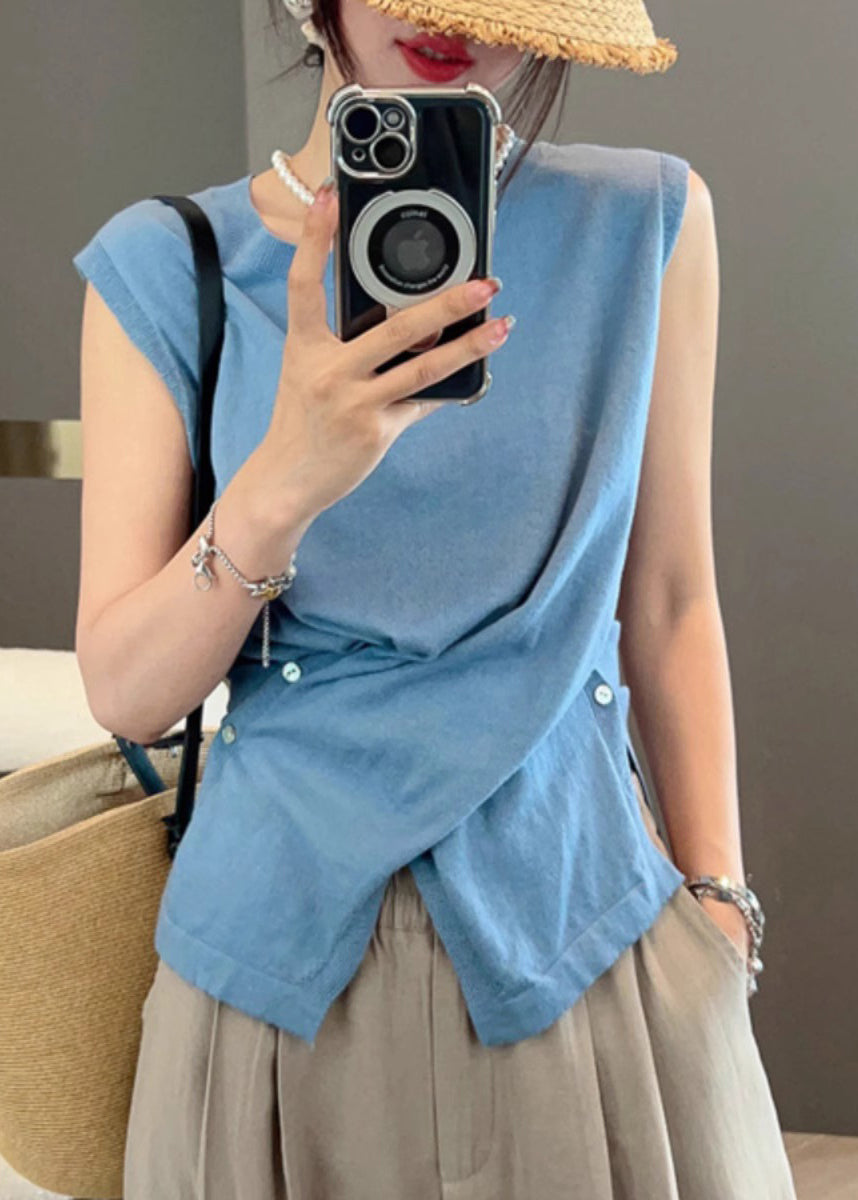 Asymmetrical Button Knit Open Side Sleeveless Tanks Apricot Women FashionChic