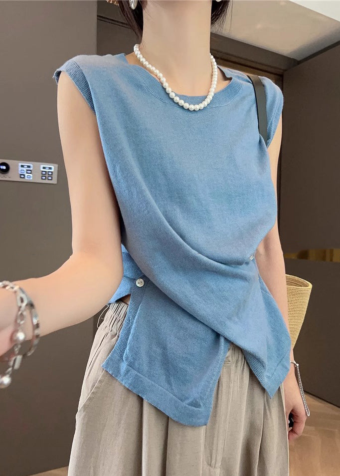 Asymmetrical Button Knit Open Side Sleeveless Tanks Apricot Women FashionChic