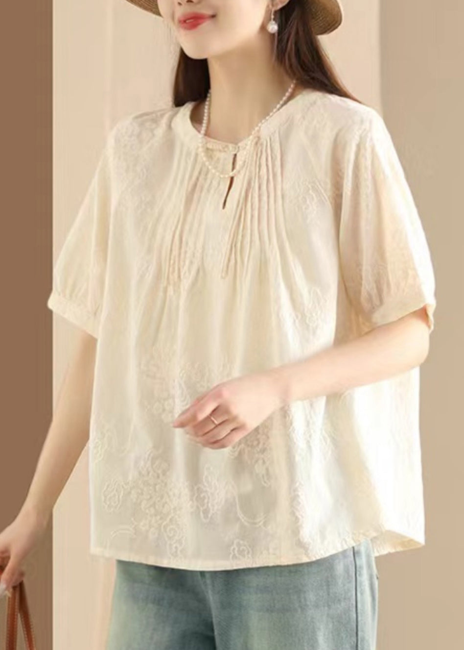 Women Apricot Embroidered Puff Sleeve Cotton Blouse Top UU050 OM-MM240820