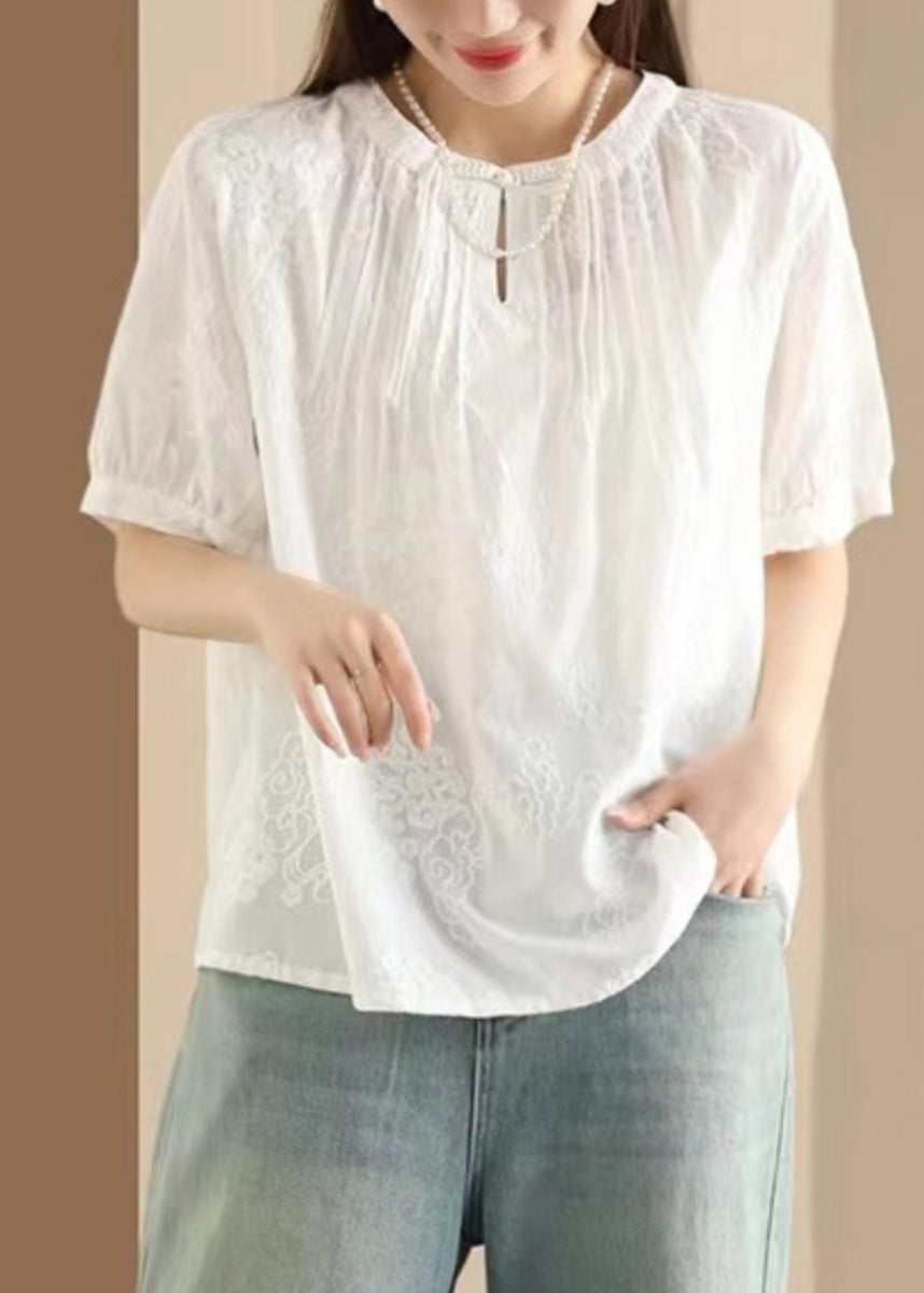 Women Apricot Embroidered Puff Sleeve Cotton Blouse Top UU050 OM-MM240820