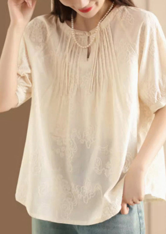 Women Apricot Embroidered Puff Sleeve Cotton Blouse Top UU050 OM-MM240820