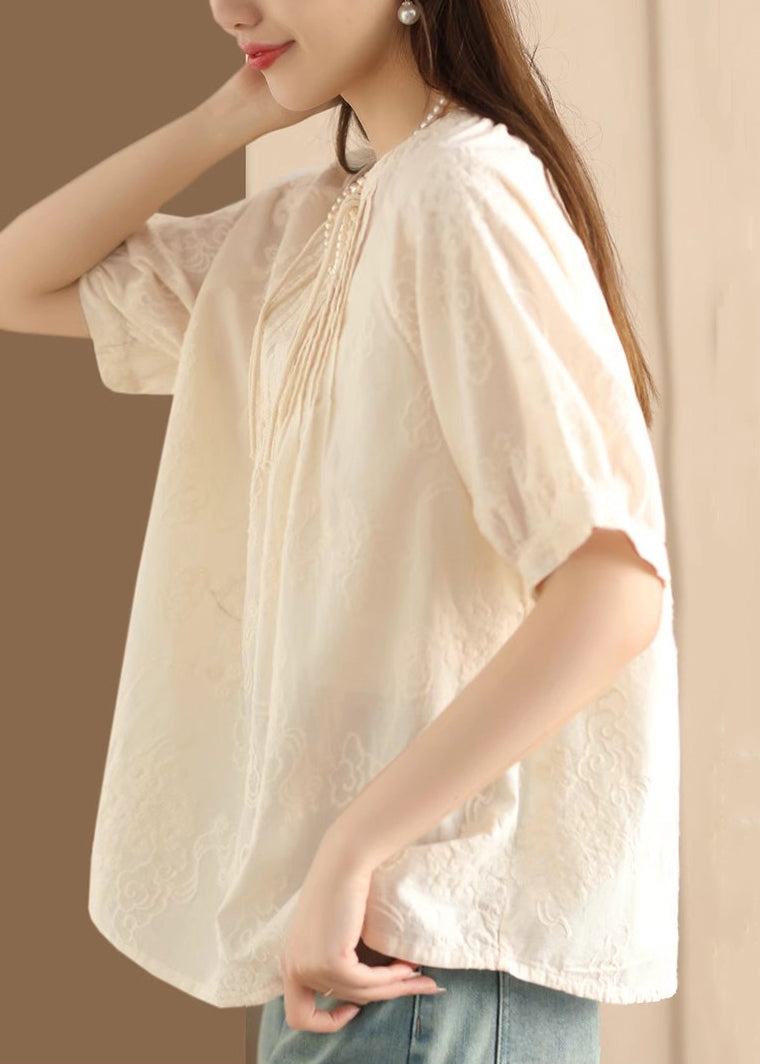 Women Apricot Embroidered Puff Sleeve Cotton Blouse Top UU050 OM-MM240820