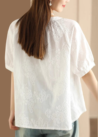 Women Apricot Embroidered Puff Sleeve Cotton Blouse Top UU050 OM-MM240820