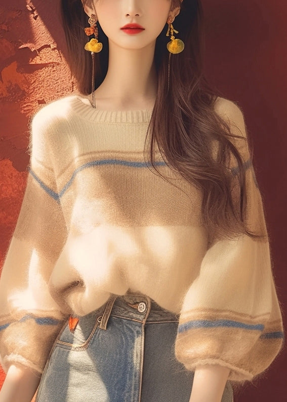 Women Apricot O Neck Cozy Patchwork Knit Sweater Winter WM012 ABC