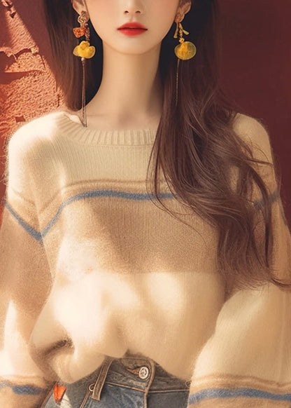 Women Apricot O Neck Cozy Patchwork Knit Sweater Winter WM012 ABC