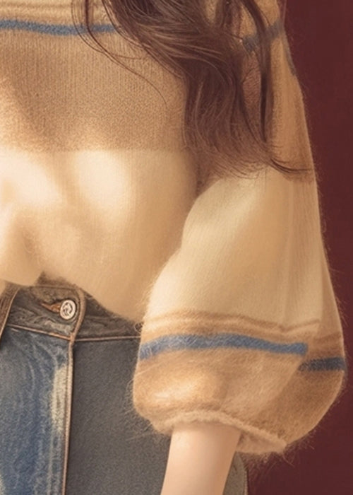 Women Apricot O Neck Cozy Patchwork Knit Sweater Winter WM012 ABC