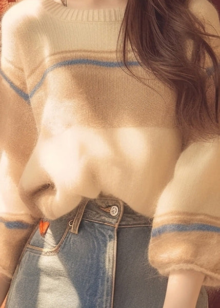 Women Apricot O Neck Cozy Patchwork Knit Sweater Winter WM012 ABC