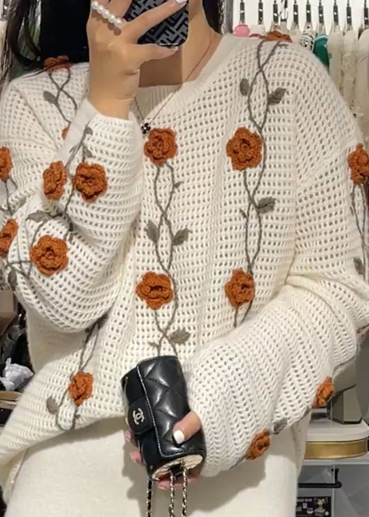 Women Apricot O Neck Floral Knit Sweaters Fall WE026 HS-NTP241028