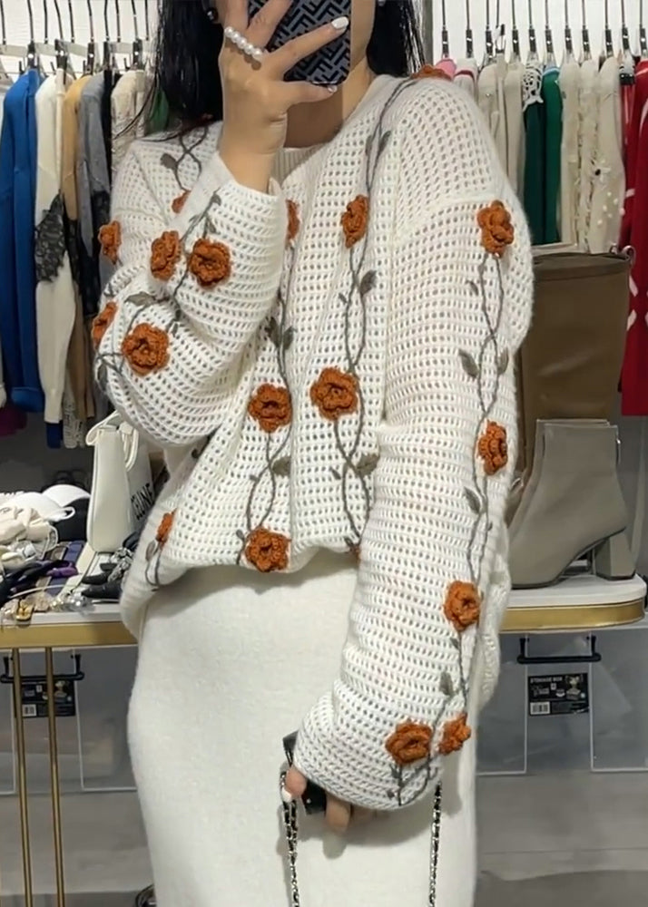 Women Apricot O Neck Floral Knit Sweaters Fall WE026 HS-NTP241028