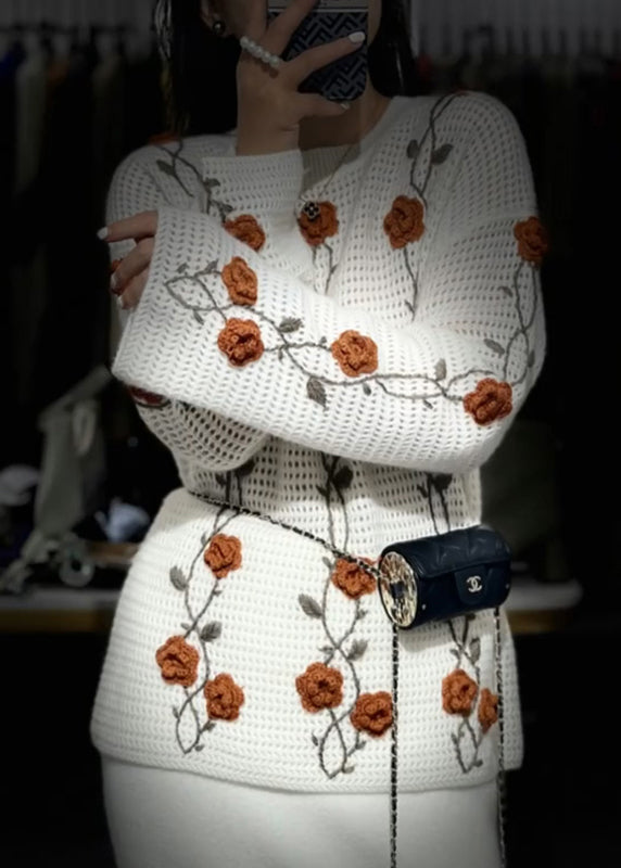 Women Apricot O Neck Floral Knit Sweaters Fall WE026 HS-NTP241028