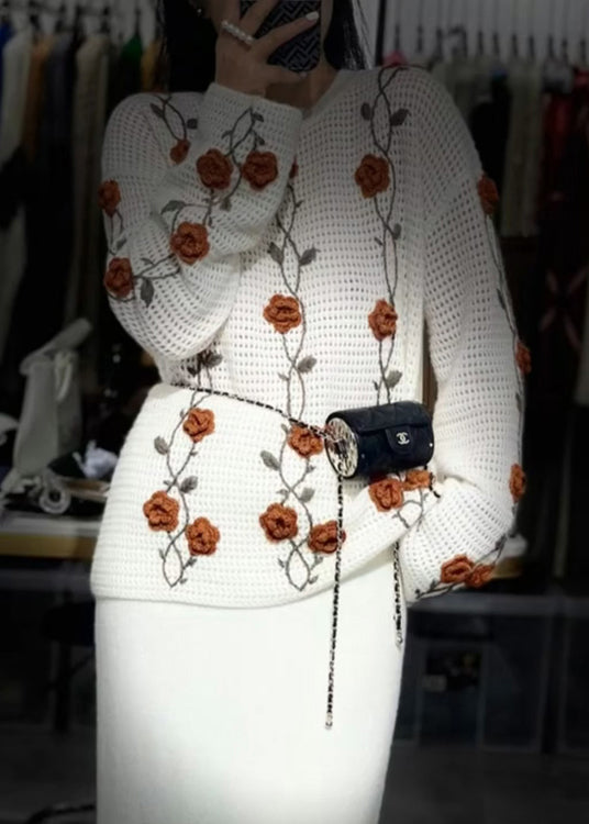 Women Apricot O Neck Floral Knit Sweaters Fall WE026 HS-NTP241028