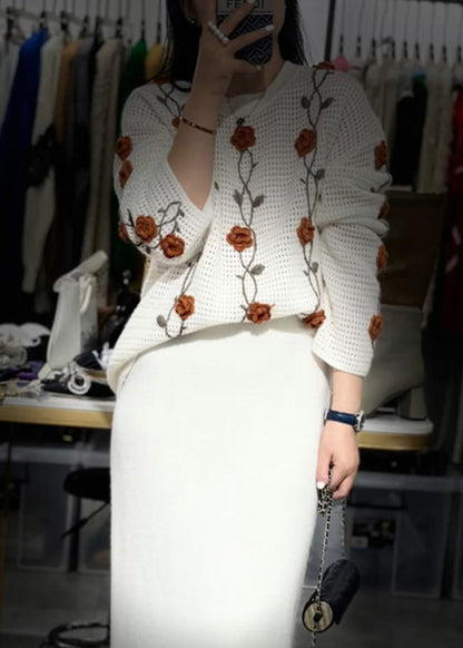 Women Apricot O Neck Floral Knit Sweaters Fall WE026 HS-NTP241028