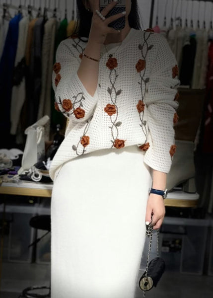 Women Apricot O Neck Floral Knit Sweaters Fall WE026 HS-NTP241028