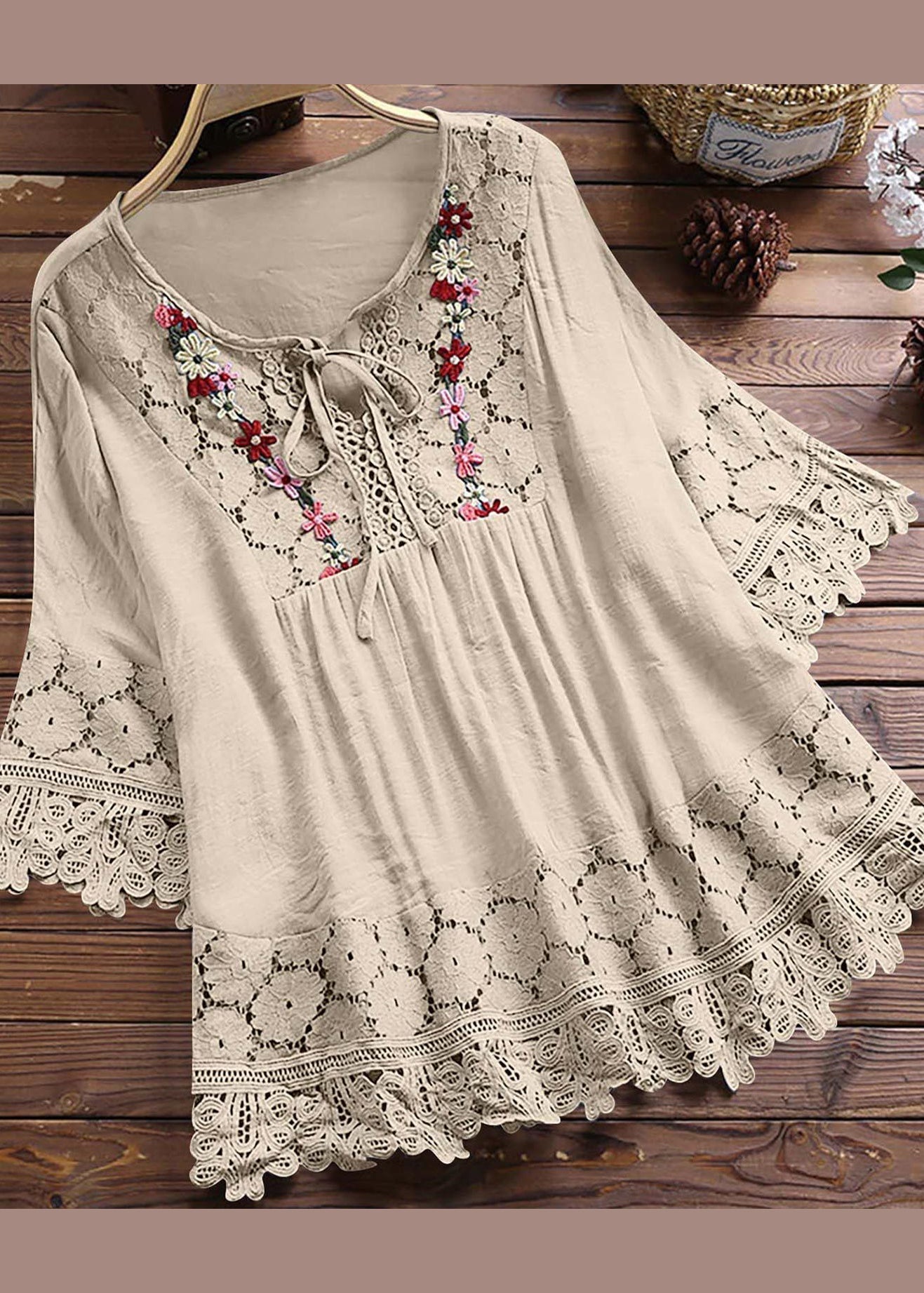 Apricot Summer T Shirt Neck Patchwork Lace Women O FashionChic