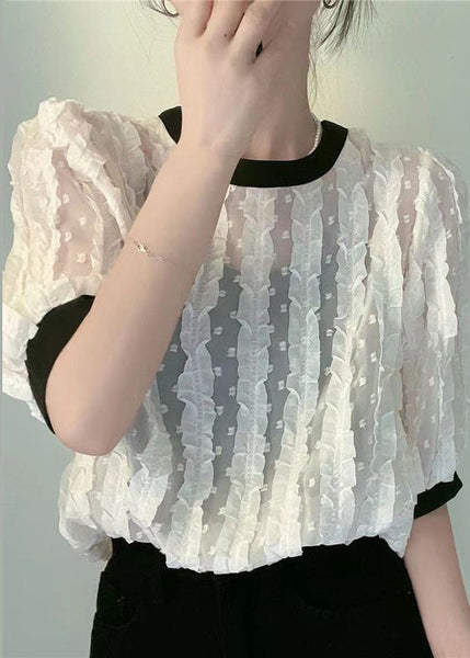 Women Apricot O-Neck Ruffled Patchwork Chiffon Shirt Summer GH1041 Ada Fashion