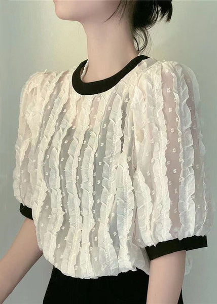 Women Apricot O-Neck Ruffled Patchwork Chiffon Shirt Summer GH1041 Ada Fashion