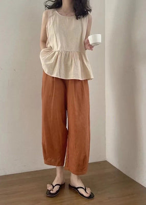 Set Two Summer Oversized Piece Linen Clothing Apricot Women FashionChic