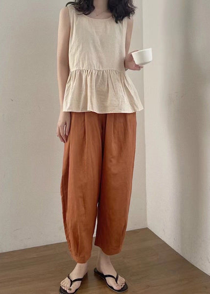 Set Two Summer Oversized Piece Linen Clothing Apricot Women FashionChic