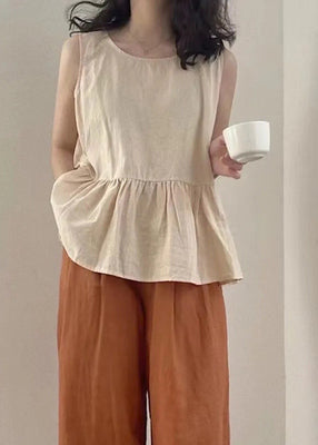 Set Two Summer Oversized Piece Linen Clothing Apricot Women FashionChic
