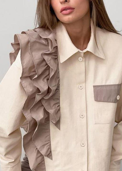 Shirt Ruffled Collar Pan Apricot Peter Women Patchwork FashionChic