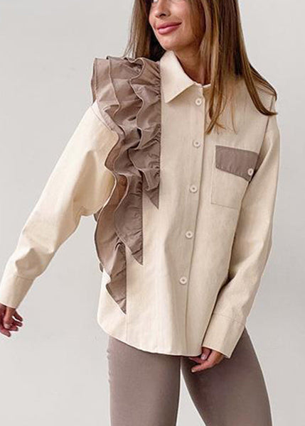 Shirt Ruffled Collar Pan Apricot Peter Women Patchwork FashionChic