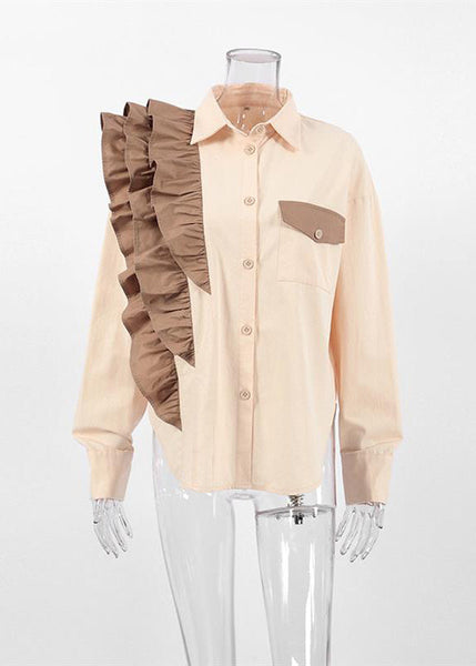 Shirt Ruffled Collar Pan Apricot Peter Women Patchwork FashionChic