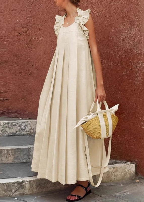 Sleeveless Apricot Cotton Long Ruffled Solid Women Dress FashionChic