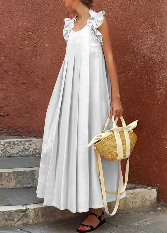 Sleeveless Apricot Cotton Long Ruffled Solid Women Dress FashionChic