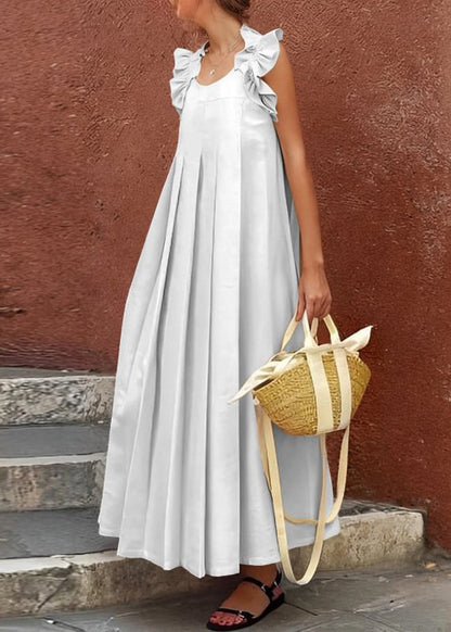 Sleeveless Apricot Cotton Long Ruffled Solid Women Dress FashionChic