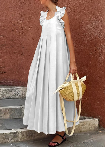 Sleeveless Apricot Cotton Long Ruffled Solid Women Dress FashionChic