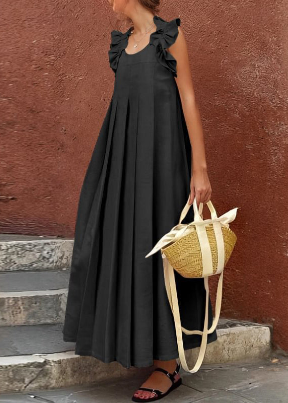 Sleeveless Apricot Cotton Long Ruffled Solid Women Dress FashionChic