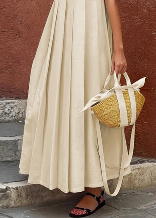 Sleeveless Apricot Cotton Long Ruffled Solid Women Dress FashionChic