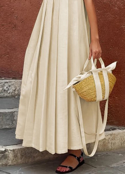 Sleeveless Apricot Cotton Long Ruffled Solid Women Dress FashionChic