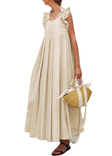 Sleeveless Apricot Cotton Long Ruffled Solid Women Dress FashionChic