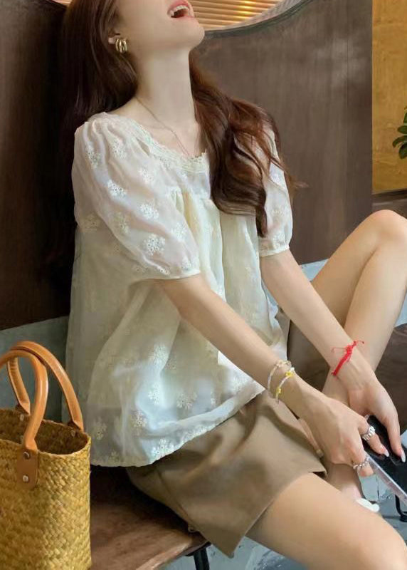 Women Apricot Square Collar Embroidered Cotton T Shirt Summer OP1021 Ada Fashion