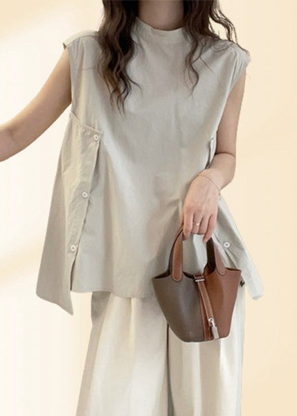 Collar Women Short Shirt Sleeve Stand Apricot Asymmetrical T FashionChic