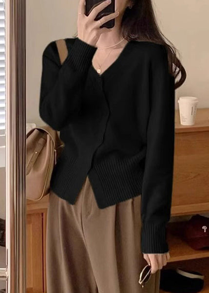 Top en maille patchwork à col en V abricot pour femme, automne TU036