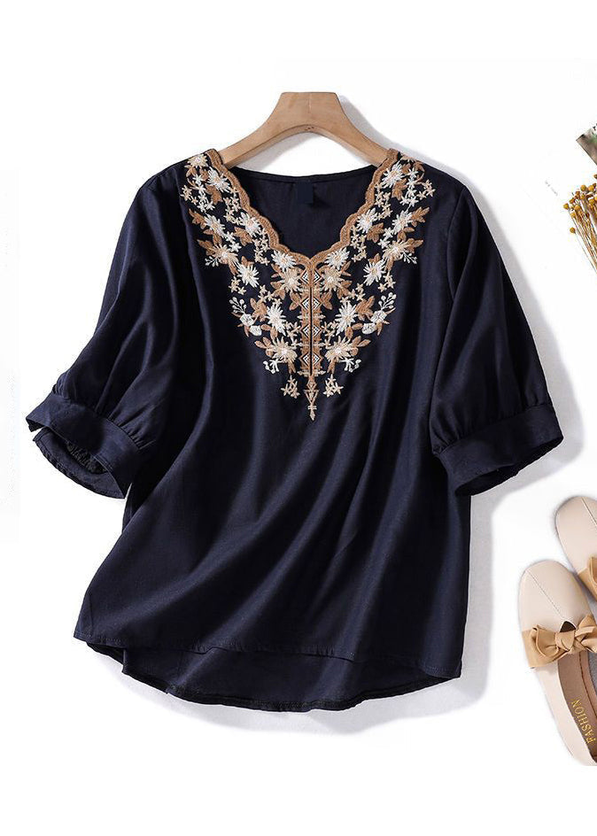 Women Apricot V Neck Embroidered Linen T Shirt Summer GG004 MZF-STP240610