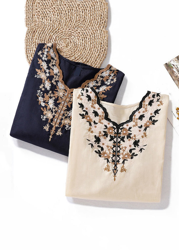 Women Apricot V Neck Embroidered Linen T Shirt Summer GG004 MZF-STP240610