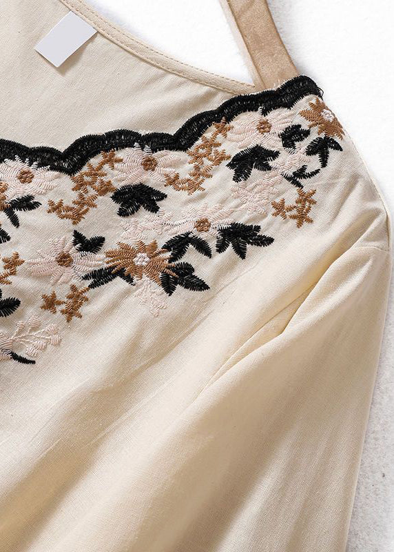 Women Apricot V Neck Embroidered Linen T Shirt Summer GG004 MZF-STP240610