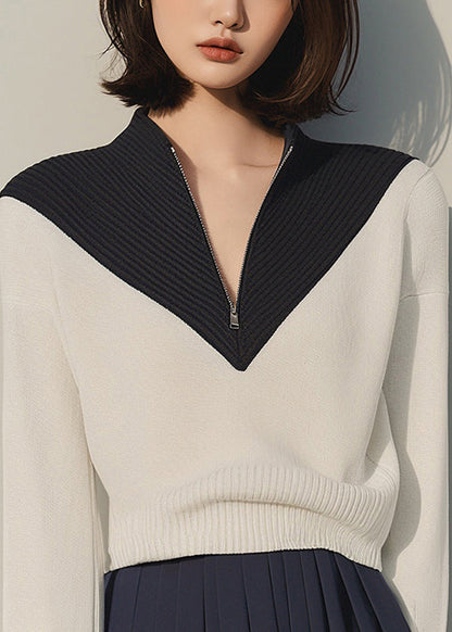 Women Apricot Zip Up Patchwork Knit Sweaters Winter RK031 ABC