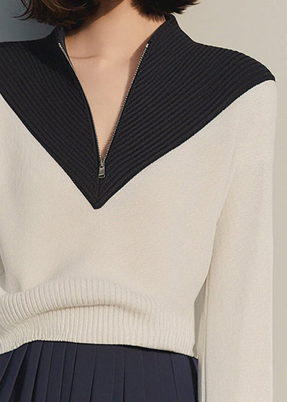 Women Apricot Zip Up Patchwork Knit Sweaters Winter RK031 ABC