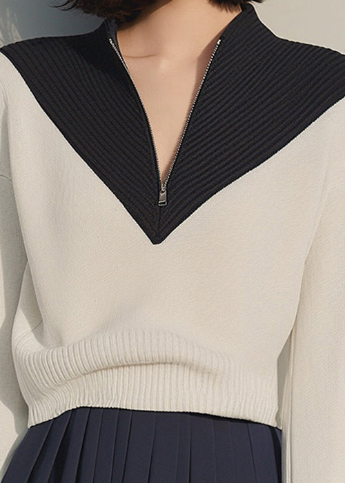 Women Apricot Zip Up Patchwork Knit Sweaters Winter RK031 ABC