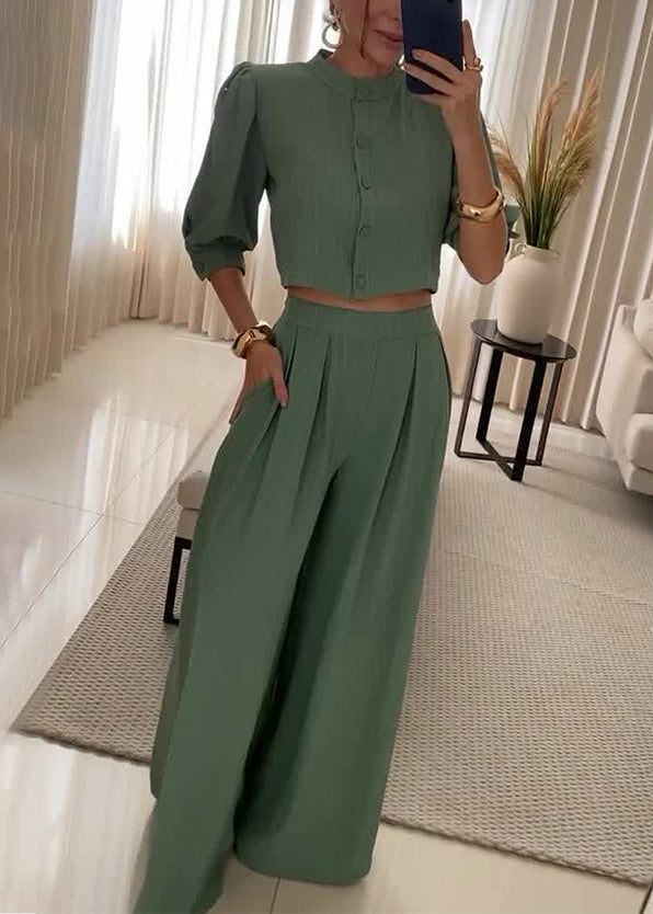 Women Army Green Button Pockets Cotton Two Piece Set Half Sleeve BB063 Hawaii-TPIEC240622