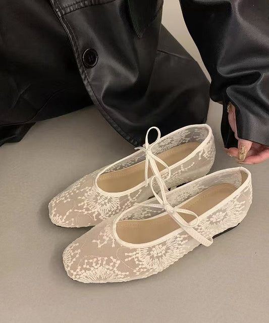 Women Splicing Embroidered Flats Breathable Mesh Bow Beige FashionChic