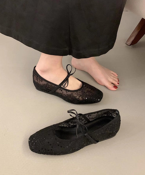 Women Splicing Embroidered Flats Breathable Mesh Bow Beige FashionChic